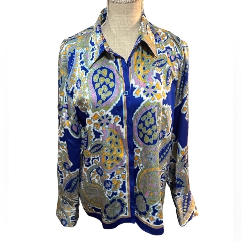 Zara Multicolor Paisley Satin Button-Up Blouse (Blue, Gold, Green, Pink)